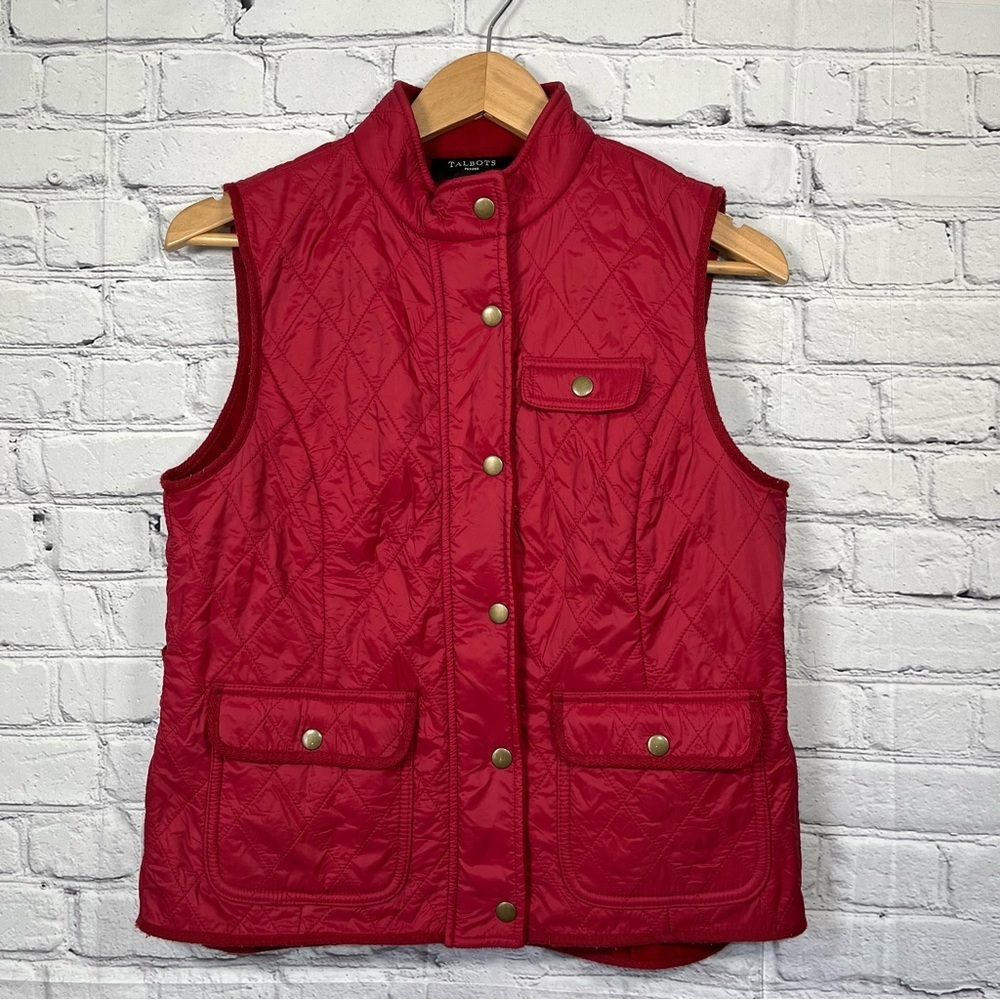 Talbots Quilted Puffer Vest Womens Size Petite Medium Red Full Zip Snap